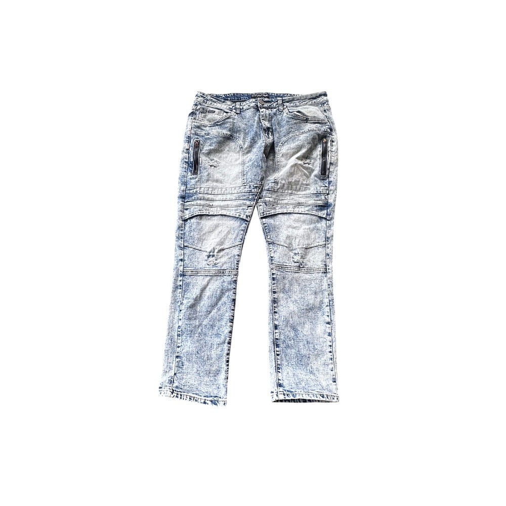 Phat Farm Mens Acid Wash Moto Biker Jeans Light Blue Distressed 38x30
